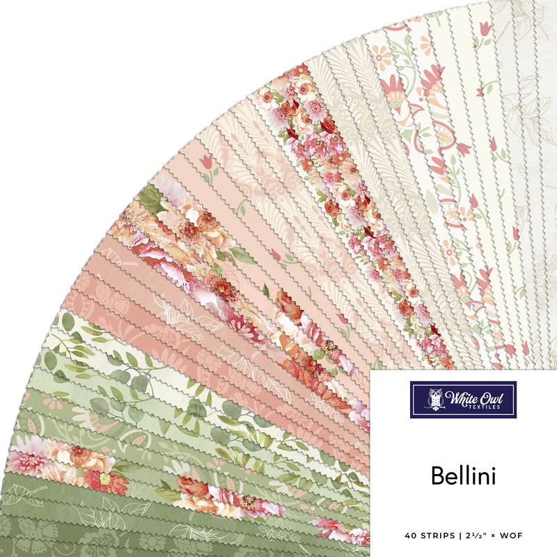 A collage of fabrics featured in the Bellini 2.5" Strips by Suzanne Nicoll for White Owl Textiles.