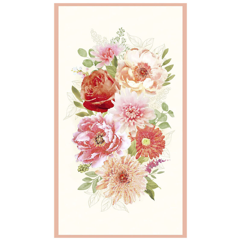 A cream fabric panel with a large bouquet of pink, coral, and peach flowers, green leaves, and a peach border.