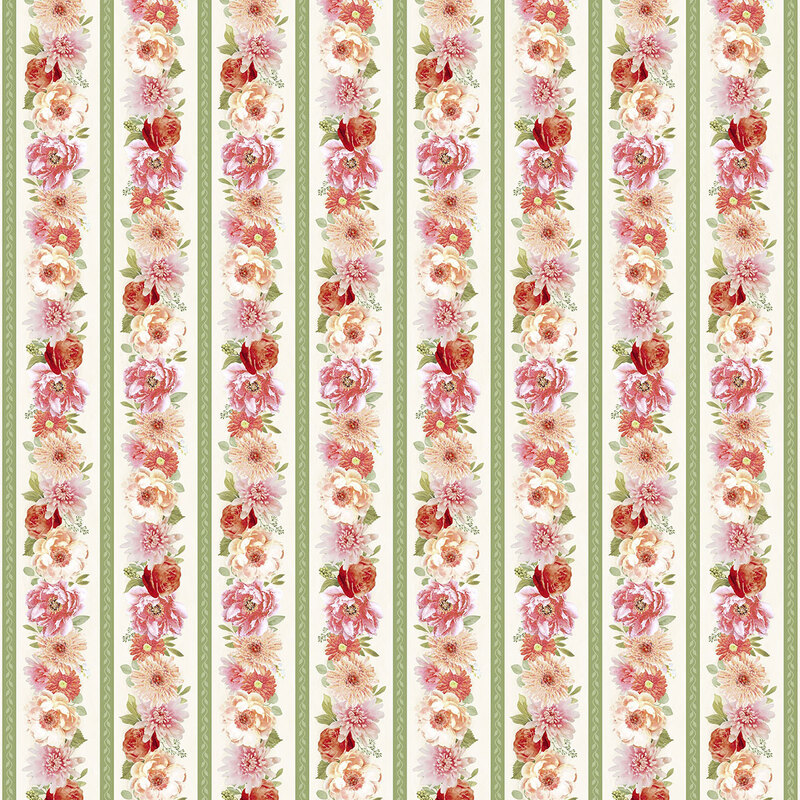 A cream fabric with repeating floral border stripes of pink, coral, and peach flowers separated by sage green decorative bands.