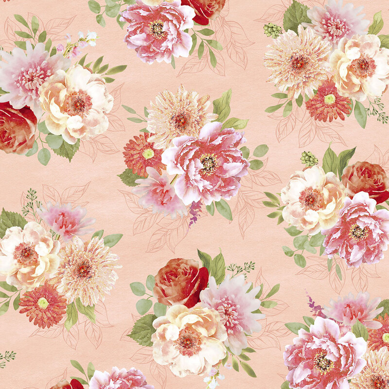 A peach fabric with scattered bouquets of pink, coral, and cream flowers, green leaves, and outlined foliage.