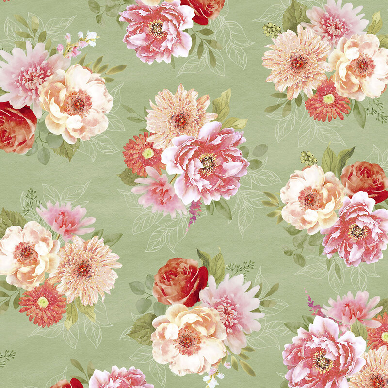 A warm sage fabric with scattered bouquets of pink, coral, and cream flowers, green leaves, and outlined foliage.