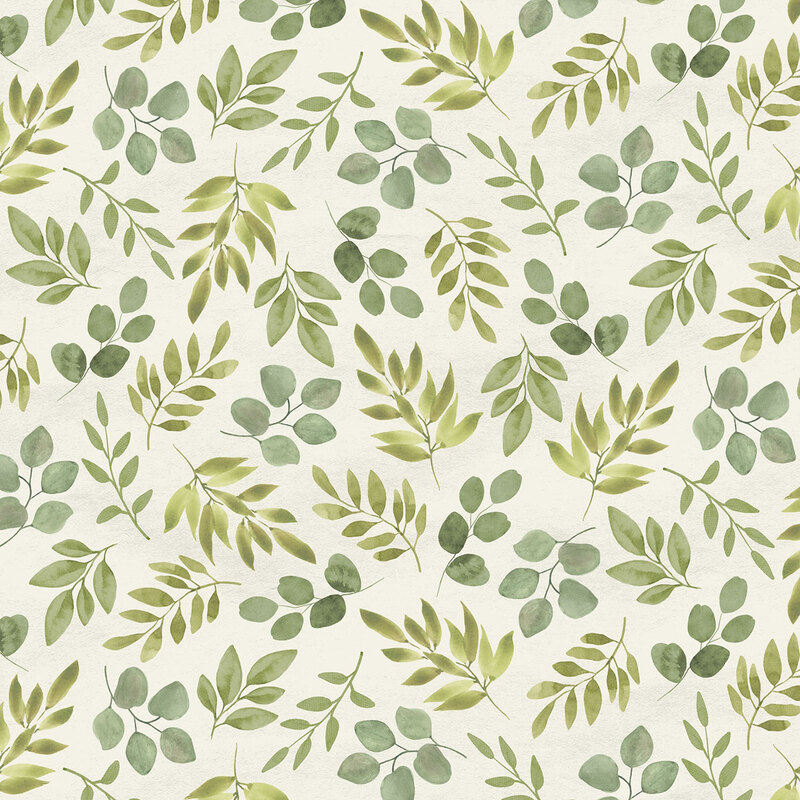 A white fabric with scattered green leafy branches and sprigs featuring rounded and slender watercolor leaves.