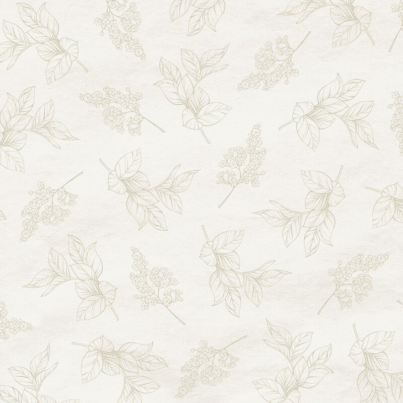 A white fabric with scattered beige line drawings of leafy branches and small flower clusters.