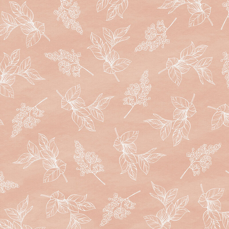 A peach fabric with scattered white line drawings of leafy branches and small flower clusters.