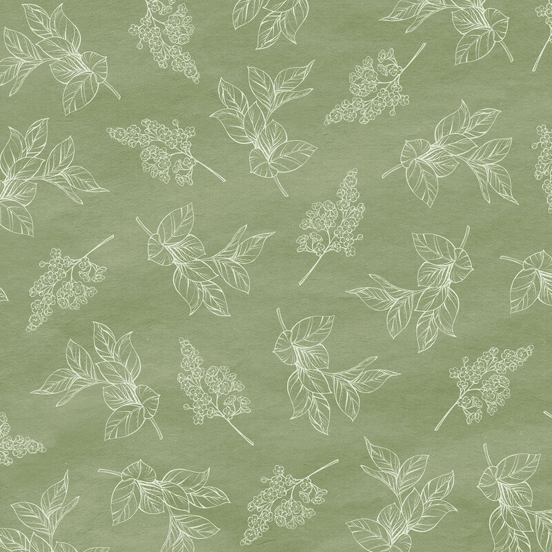 A warm sage fabric with scattered white line drawings of leafy branches and small flower clusters.