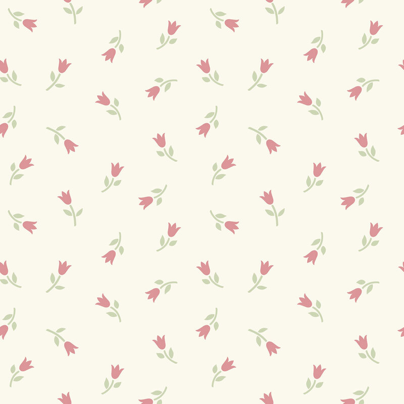 A cream fabric with small pink tulips, light green stems, and leaves scattered throughout.