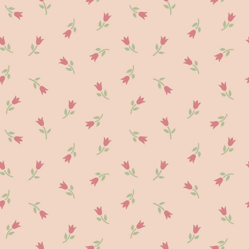 A peach fabric with small scattered pink tulips and light green stems and leaves.