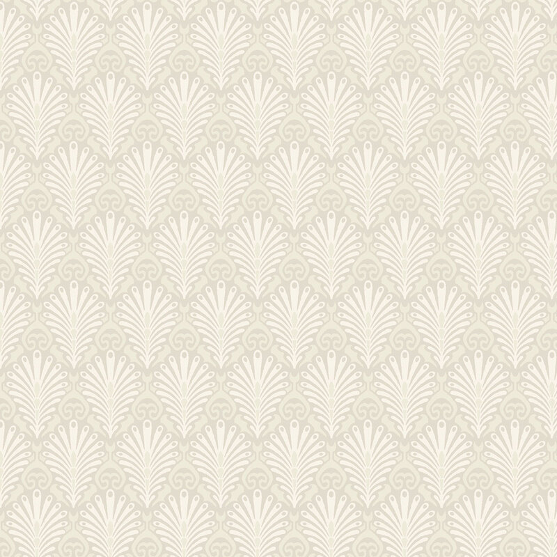 A taupe fabric with repeating cream ornamental fans and curled scrollwork.