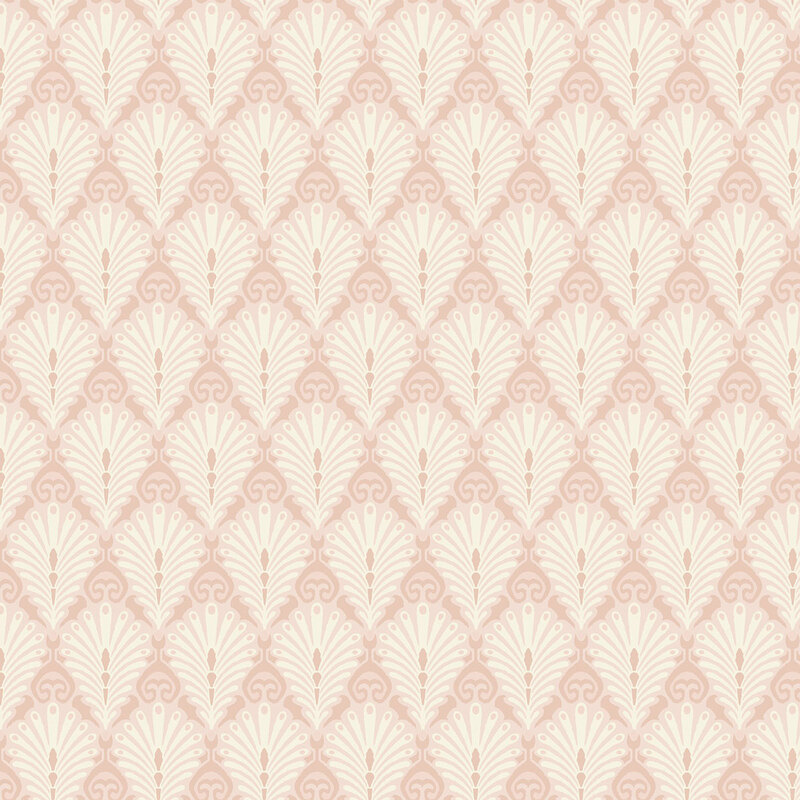 A light peach fabric with repeating cream ornamental fans and curled scrollwork.