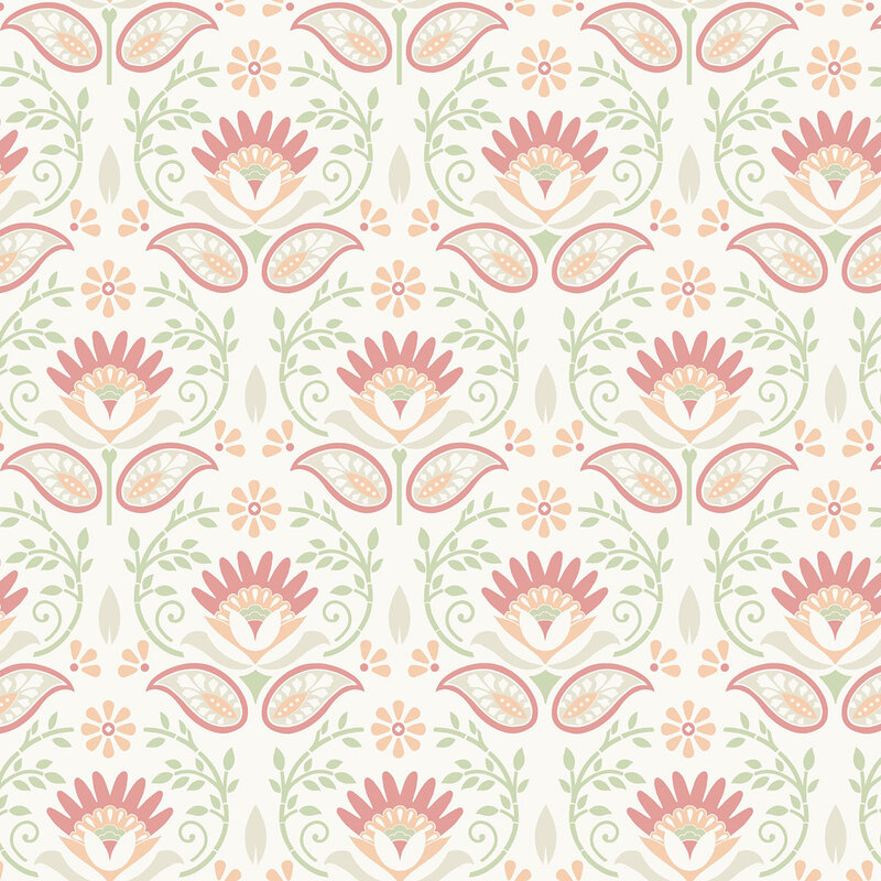 A white fabric with repeating pink and peach folk-art flowers, paisley shapes, and curling light green leafy vines.