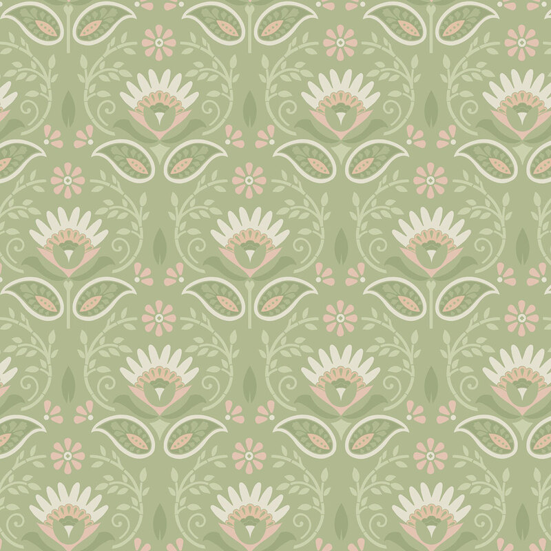 A sage green fabric with repeating cream and pale pink folk-art flowers, paisley shapes, and curling leafy vines.