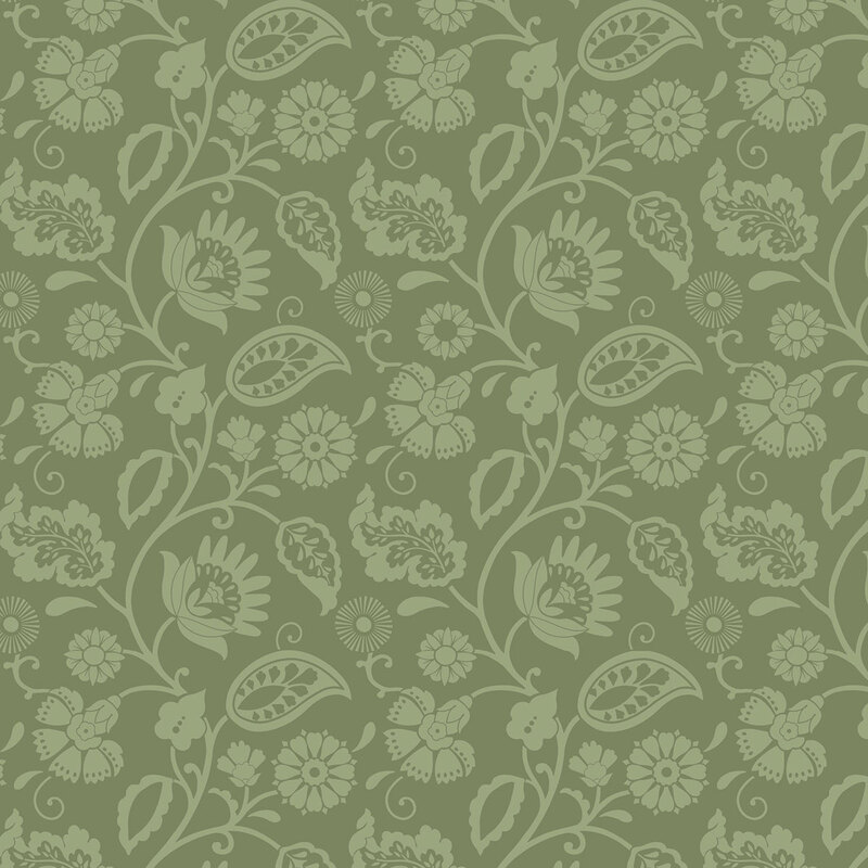A dark sage fabric with light sage flowers, paisley shapes, and scrolling leafy vines.