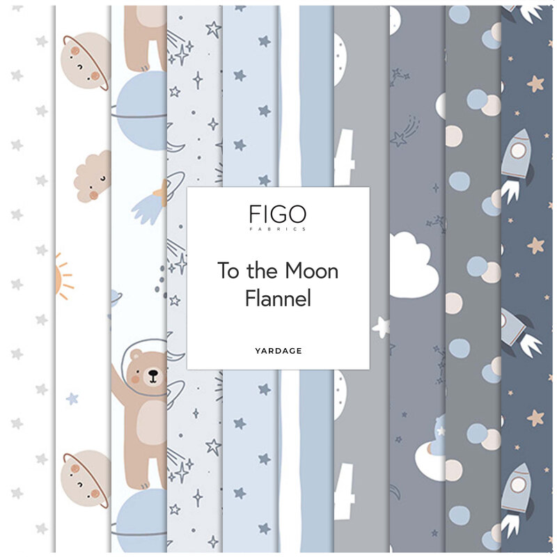 A collage of fabrics featured in the To the Moon Flannel Collection by FIGO Fabrics.