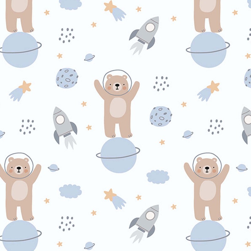 A white fabric with tan astronaut bears, blue planets, gray rockets, and scattered stars.