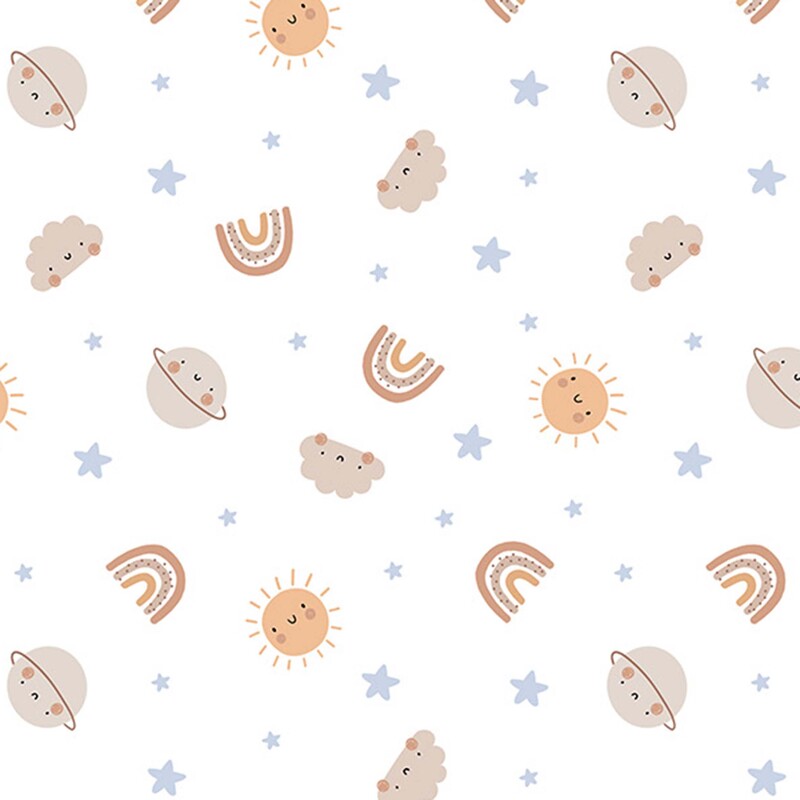 A white fabric with smiling suns, clouds, ringed planets, stars, and small rainbows in soft pastel colors.