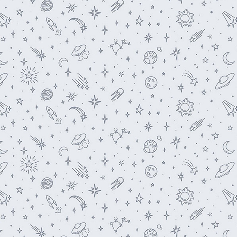 A light gray fabric with fine gray outlines of planets, rockets, moons, stars, constellations, and flying saucers.