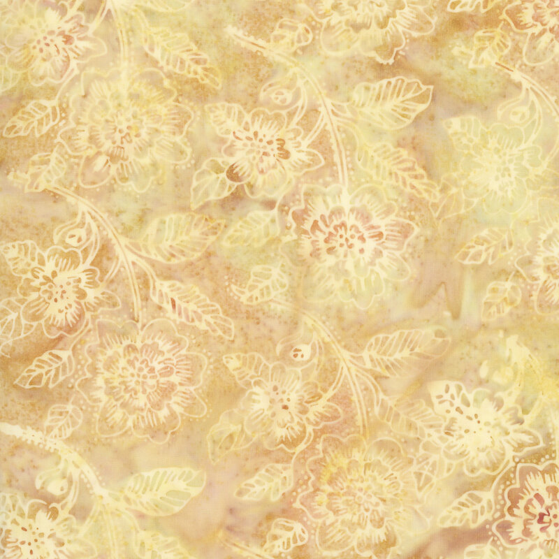 batik fabric featuring graceful floral vines, detailed blossoms, and leafy branches in soft shades of buttery yellow and cream against a warmly mottled background