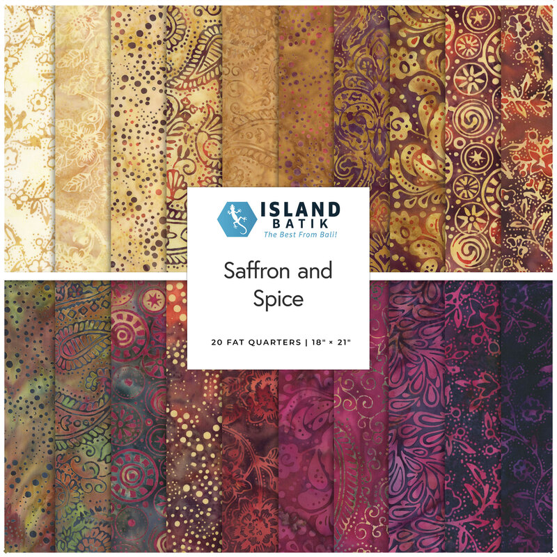 Square collage of autumn-hued batiks from the Saffron and Spice Fat Quarter Bundle