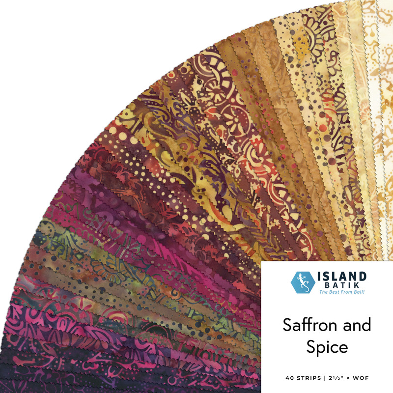 Fanned collage of autumn-hued batiks from the Saffron and Spice Jelly Roll