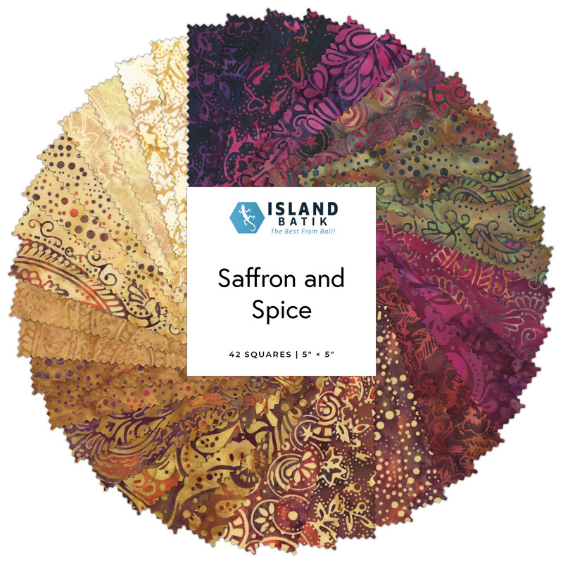 Circular collage of autumn-hued batiks from the Saffron and Spice Charm Pack