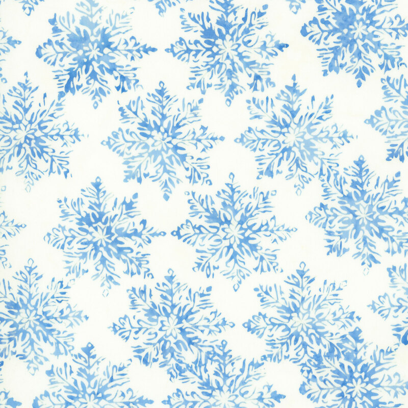 blue snowflakes on a crisp white background.