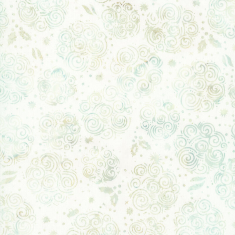 swirling aqua, ice blue, and beige snowflake-like motifs, delicate stars, and scattered dots against a creamy ivory background.