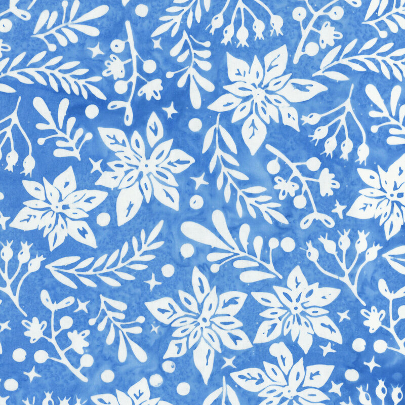 delicate white poinsettias, leafy branches, berries, and tiny stars and dots scattered across a softly mottled blue background.