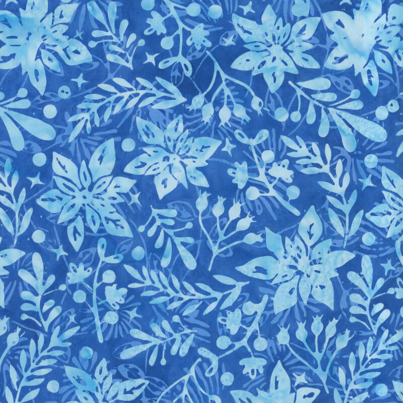 delicate ice blue poinsettias, leafy branches, berries, and tiny stars and dots scattered across a mottled azure blue background.