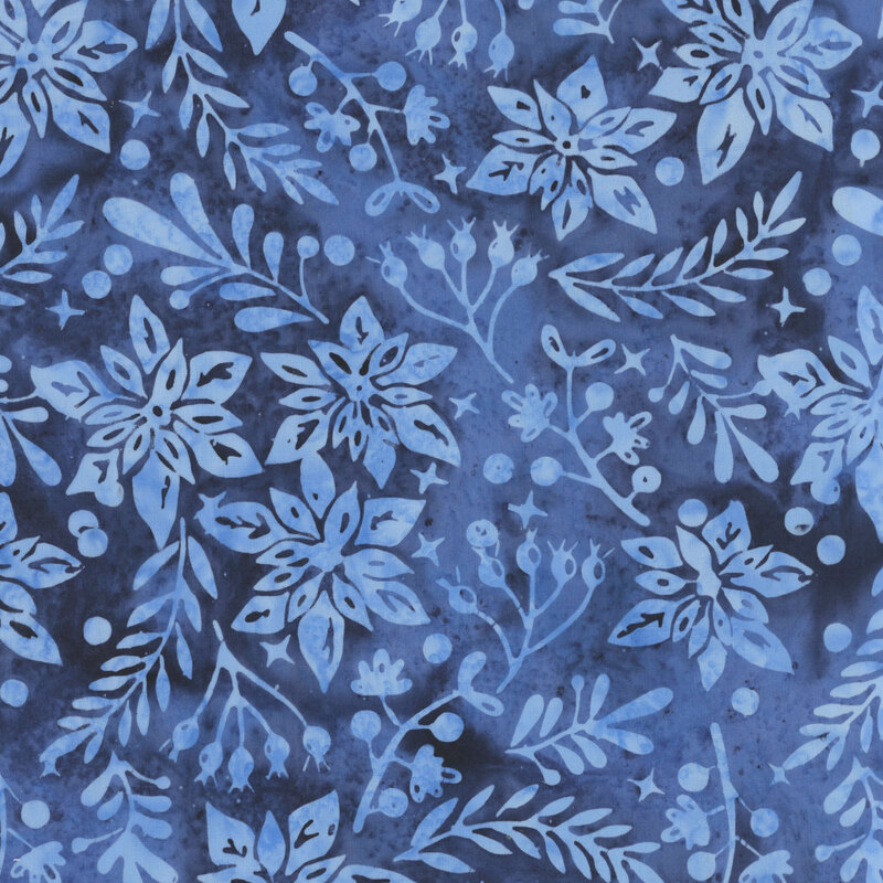 delicate periwinkle poinsettias, leafy branches, berries, and tiny stars and dots scattered across a mottled deep navy background.
