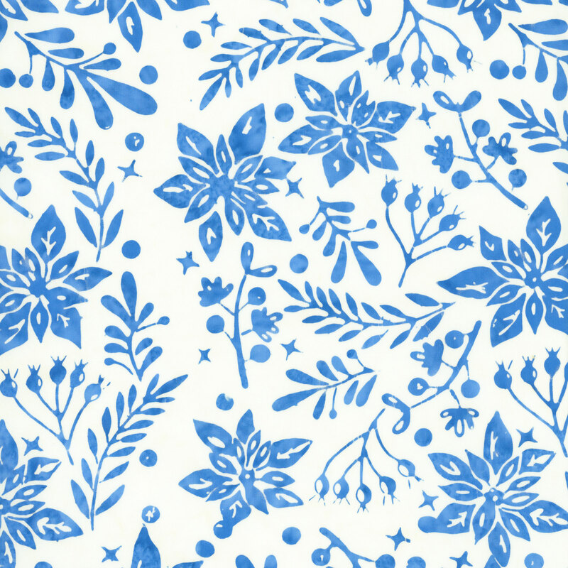 delicate blue poinsettias, leafy branches, berries, and tiny stars and dots scattered across a crisp white background.