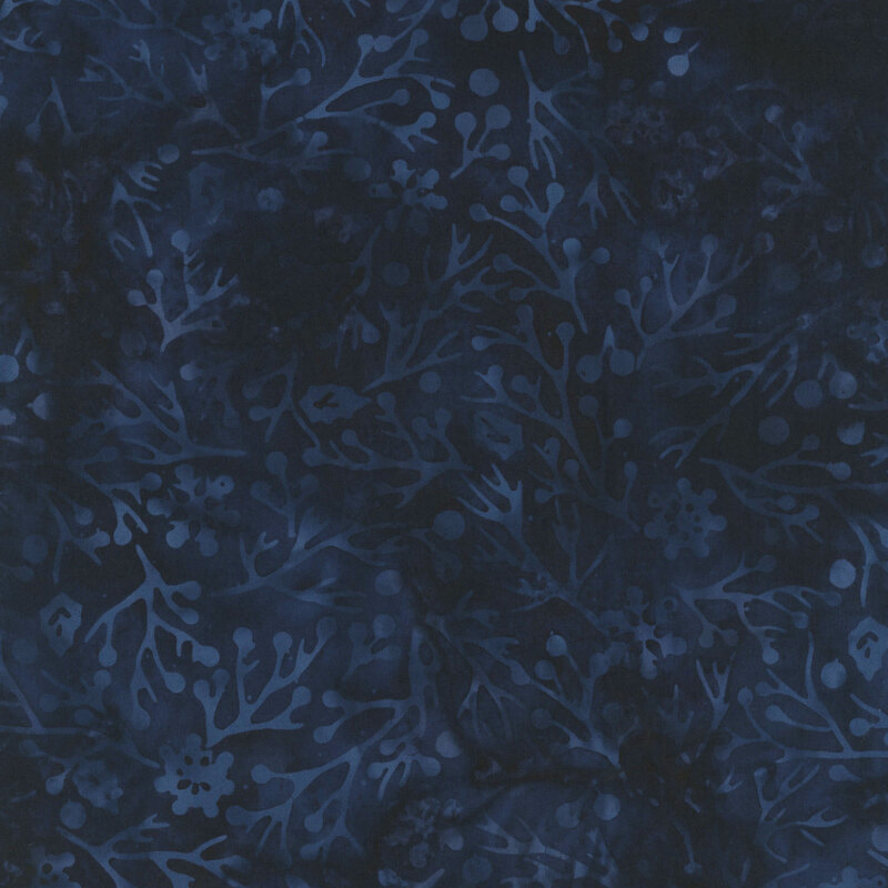 delicate pine branches, berries, and snowflakes in shades tonal shades against a richly mottled midnight blue background.