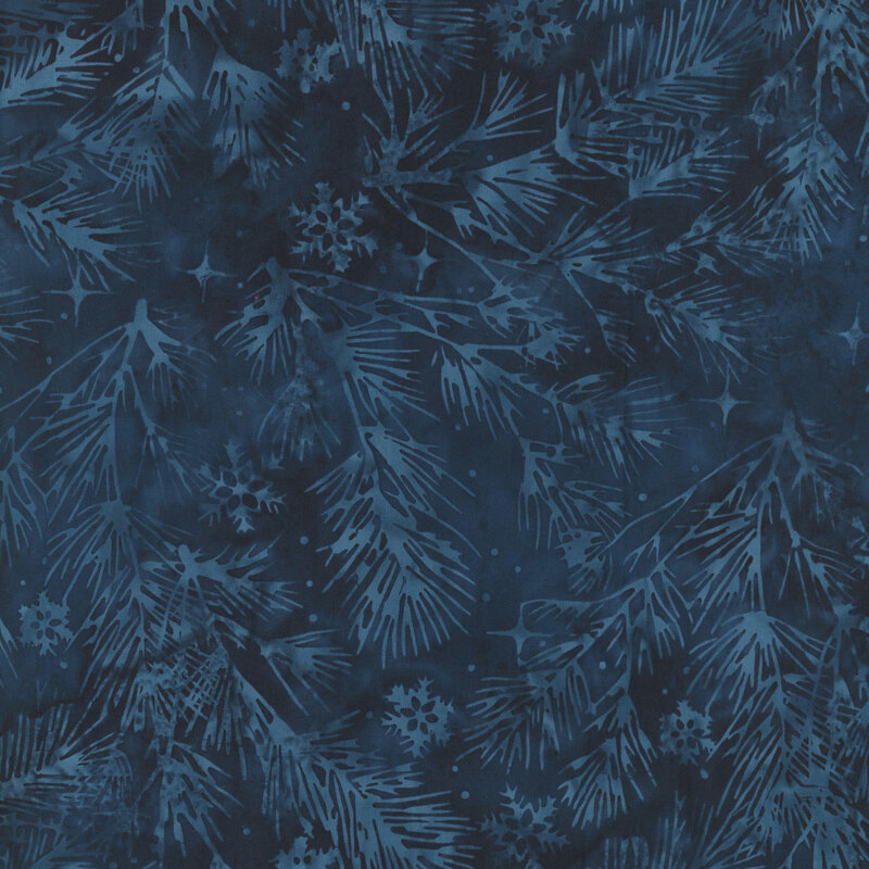 mottled midnight blue fabric features delicate pine branches, snowflakes, and tiny scattered stars in tonal shades of blue