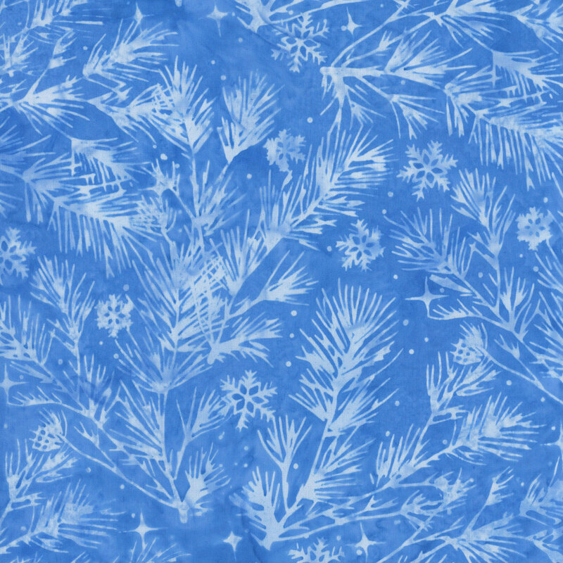 azul blue fabric features delicate pine branches, snowflakes, and tiny scattered stars in white hues against a softly mottled background