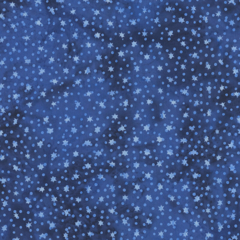 tiny six-pointed stars and dots in soft shades of blue, scattered on a richly mottled navy blue background