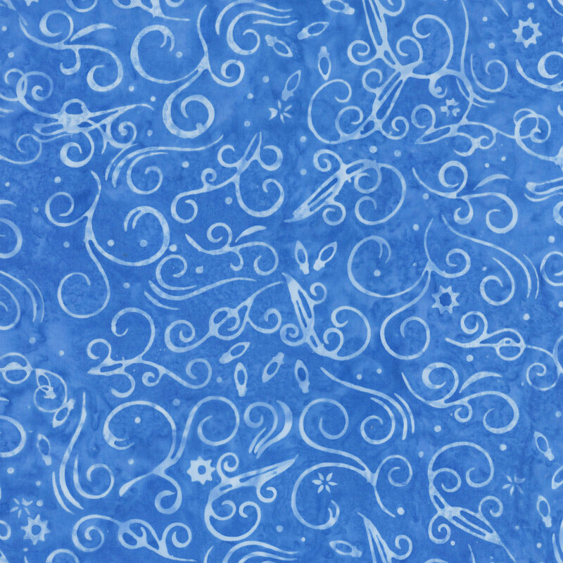 swirling scrolls adorned with scattered dots, snowflakes, and Christmas light motifs in soft white against a mottled azure background.