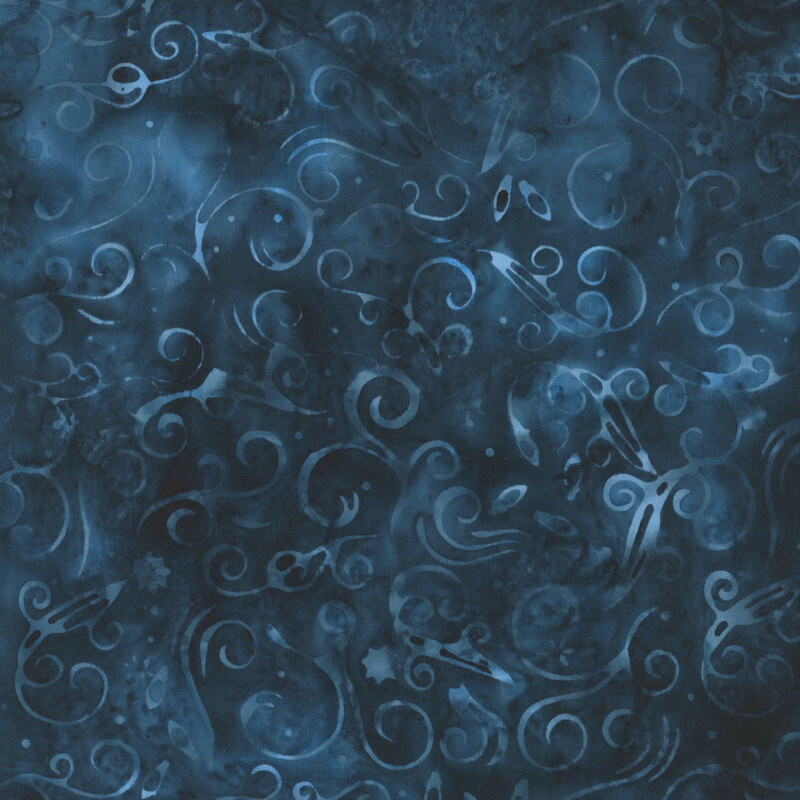swirling scrolls adorned with scattered dots, snowflakes, and Christmas light motifs in shades of slate blue and teal against a richly mottled deep navy background.