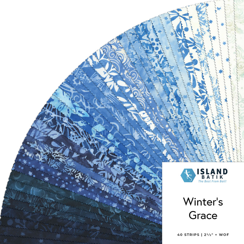 Fanned collage of blue and white winter-themed batik fabrics.