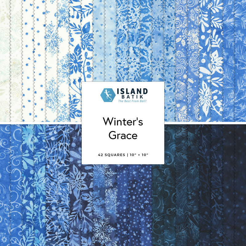 Square collage of blue and white winter-themed batik fabrics.