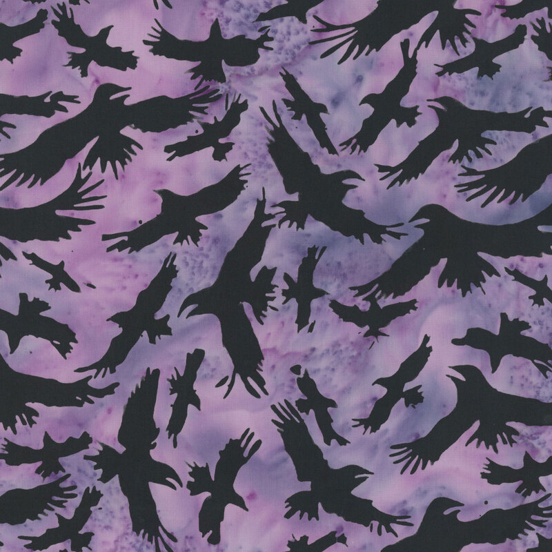 black soaring ravens scattered on a mottled lilac and lavender background.