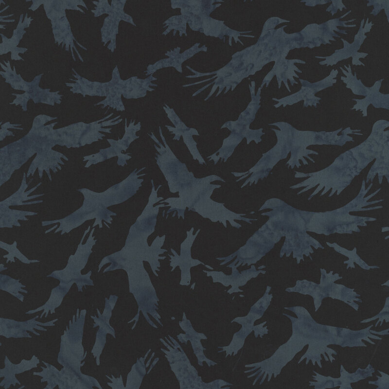 mottled grey soaring ravens scattered on a black background.