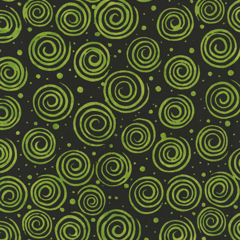 mottled lime spirals and dots scattered across a black background.