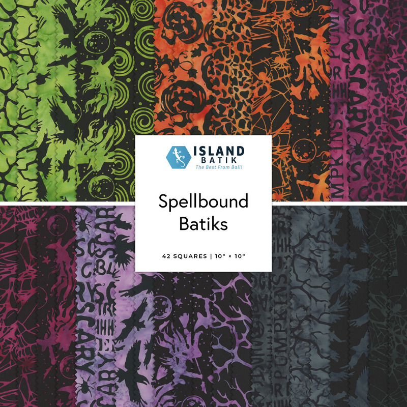 Square collage of green, orange, magenta, purple, and grey Halloween-themed batiks