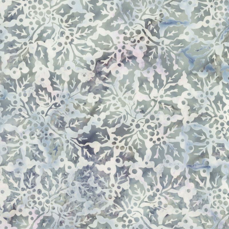 ash gray holly leaves and berries tossed on a mottled ice blue and lavender background. 