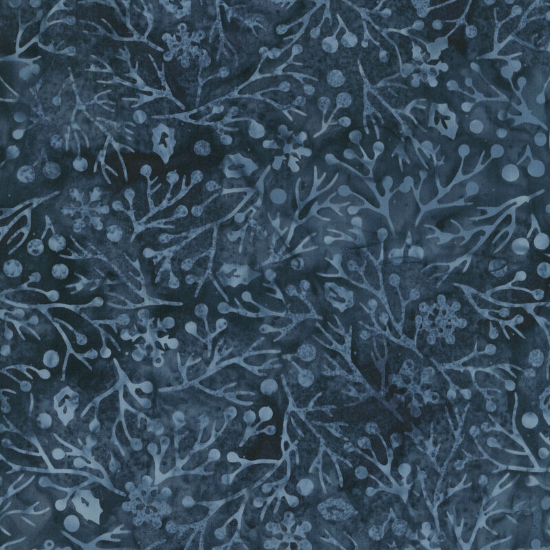 delicate branches, berries, holly leaves, and subtle snowflakes in tonal shades of blue against a deep navy background.