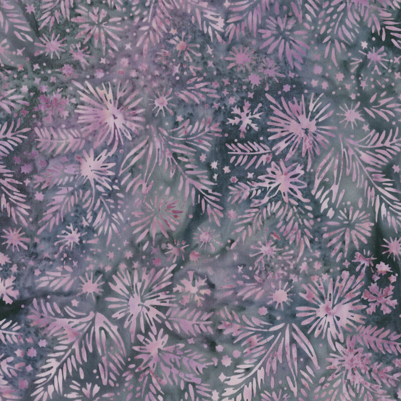 delicate pine branches, snowflakes, and starbursts in soft shades of pink and mauve against a mottled midnight blue background.