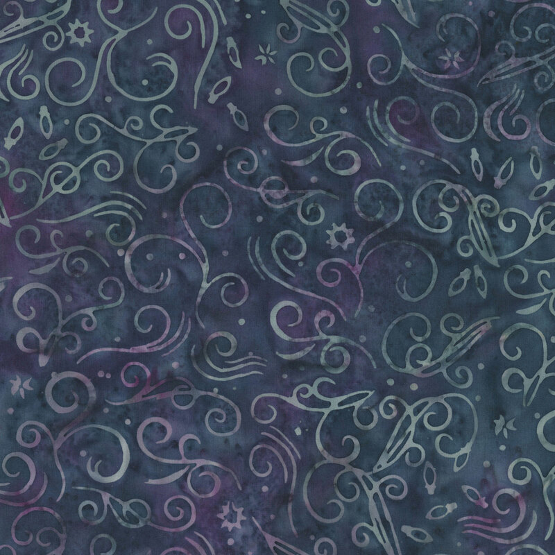 swirls, dots, snowflakes and stars scattered across a mottled background of midnight, blue gray, and purple