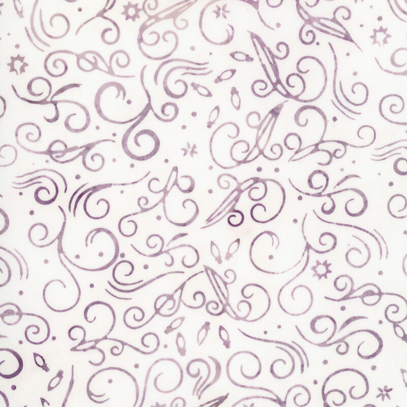 purple mauve swirls, dots, snowflakes and stars scattered across a mottled white background.