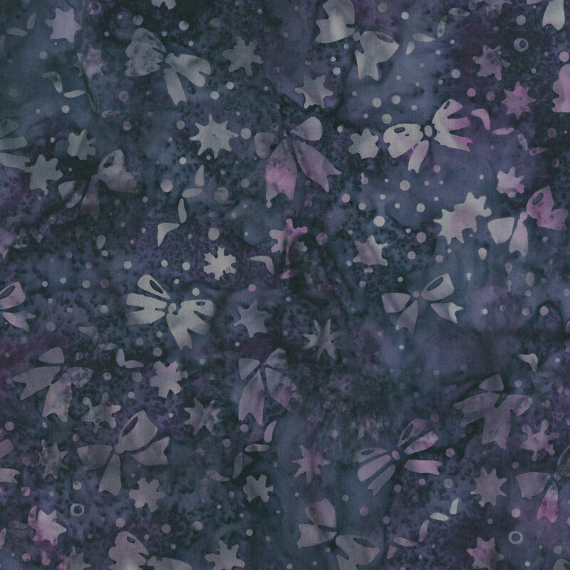 purple and gray mottled bows, dots, stars, and snowflakes on a midnight blue mottled background.