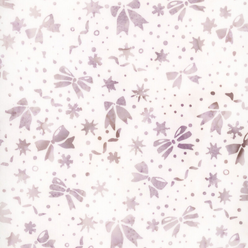 mauve mottled bows, dots, stars, and snowflakes on a subtly mottled white background.