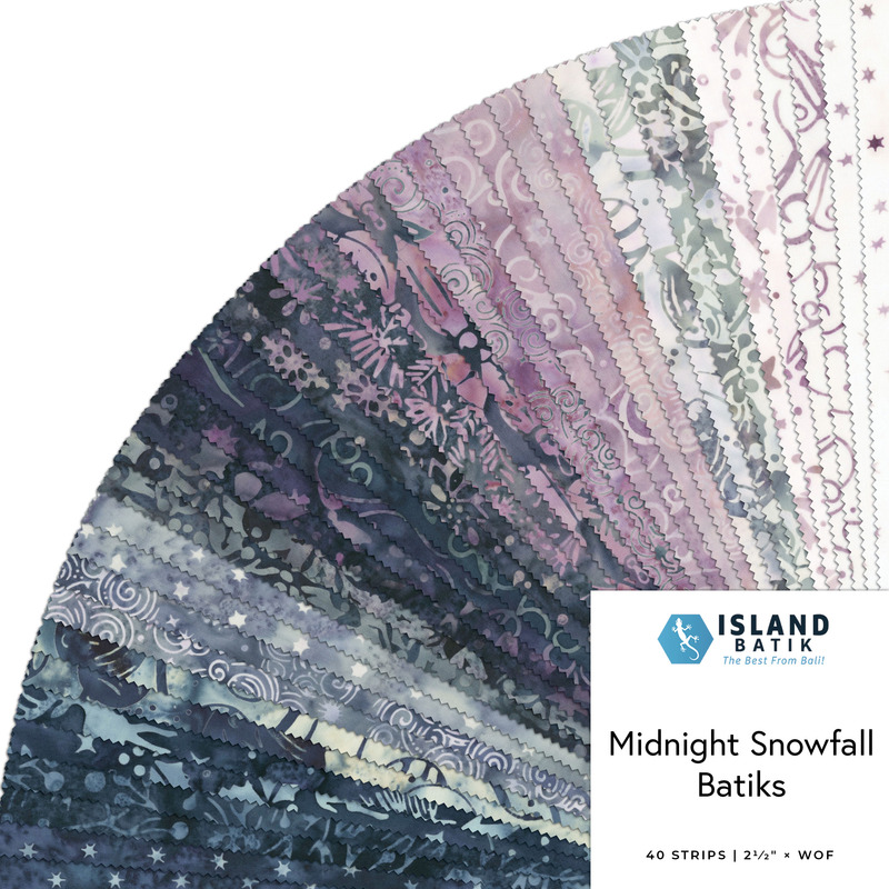 Fanned collage of winter-themed batiks in shades of white, purple, navy, and grey